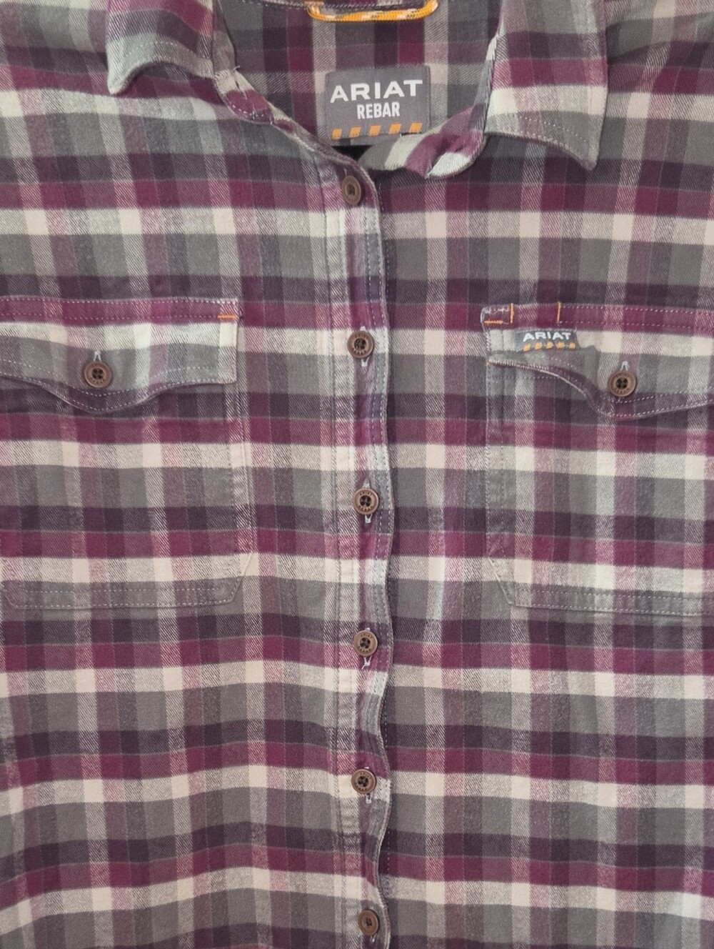Ariat Rebar Plaid Work Shirt — Plum, Gray & White Size L